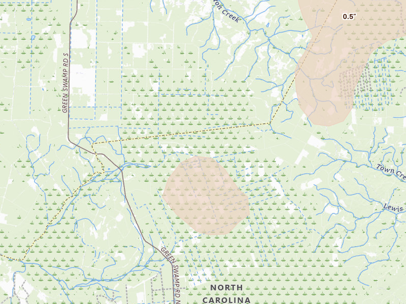 Radar-estimated hail-size map of the storm over Ash, NC on Aug 10, 2026