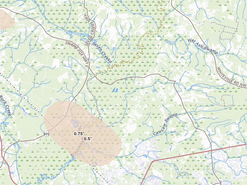 Radar-estimated hail-size map of the storm over Ash, NC on Sep 5, 2026