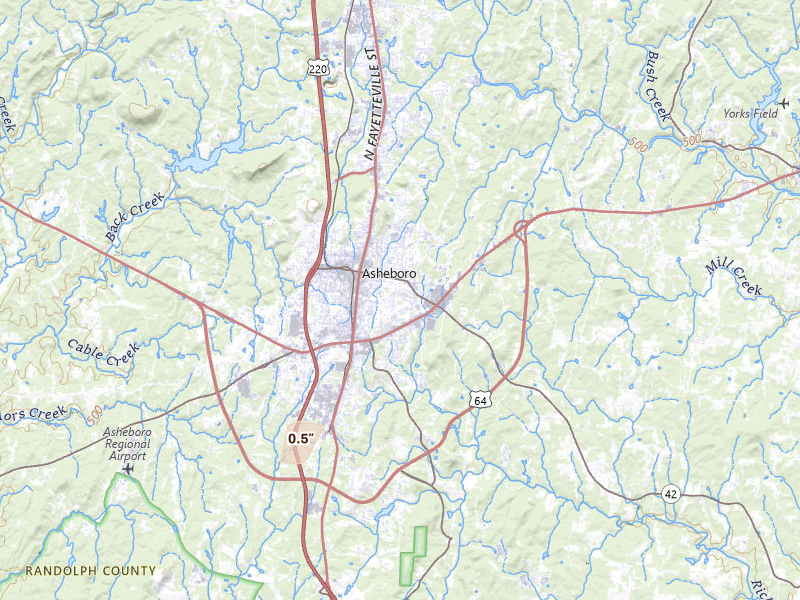 Radar-estimated hail-size map of the storm over Asheboro, NC on Aug 8, 2026
