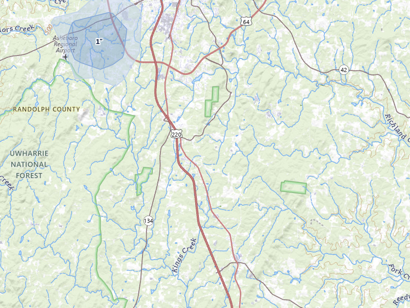 NEXRAD radar-signature map of the hail storm over Asheboro, NC on Aug 8, 2026