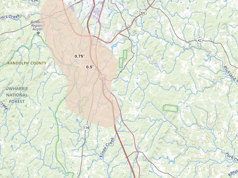 Radar-estimated hail-size map of the storm over Asheboro, NC on Aug 11, 2026