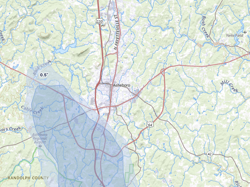 NEXRAD radar-signature map of the hail storm over Asheboro, NC on Aug 11, 2026