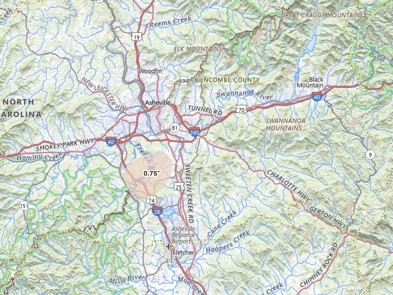 Radar-estimated hail-size map of the storm over Asheville, NC on Jun 30, 2026