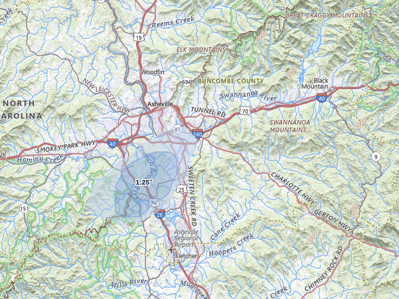 NEXRAD radar-signature map of the hail over Asheville, NC