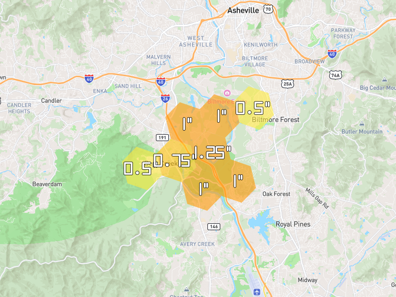 Hail map of Asheville, NC on Jun 30, 2026, hail up to 1.25"