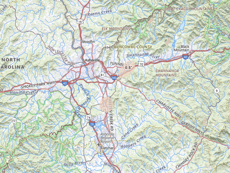 Radar-estimated hail-size map of the storm over Asheville, NC on Jul 4, 2026