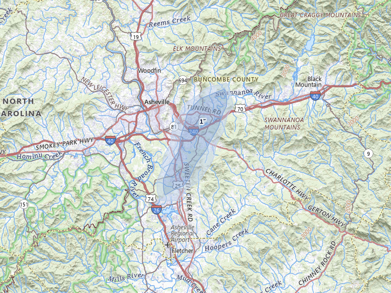 NEXRAD radar-signature map of the hail over Asheville, NC