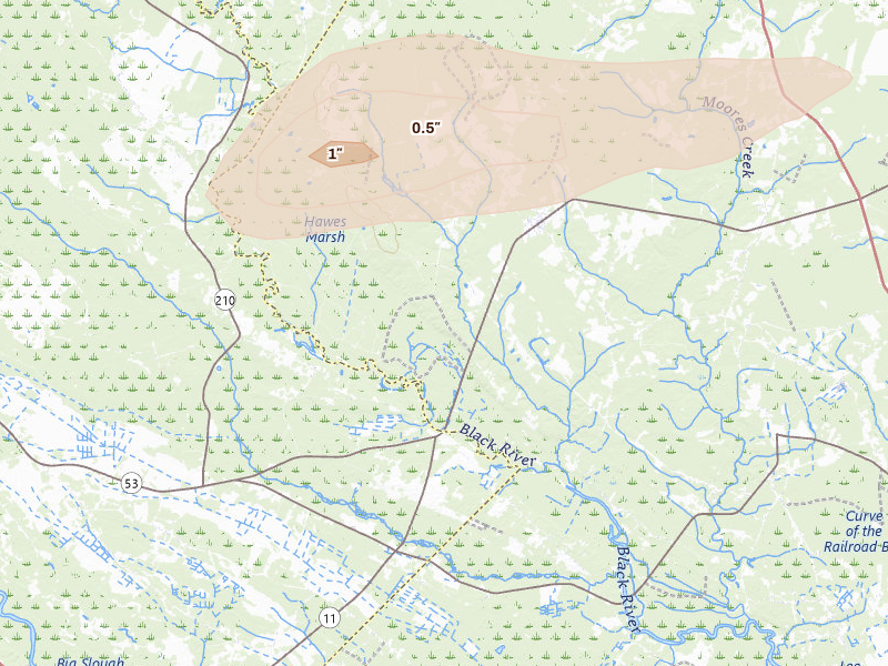 Radar-estimated hail-size map of the storm over Atkinson, NC on Mar 8, 2026
