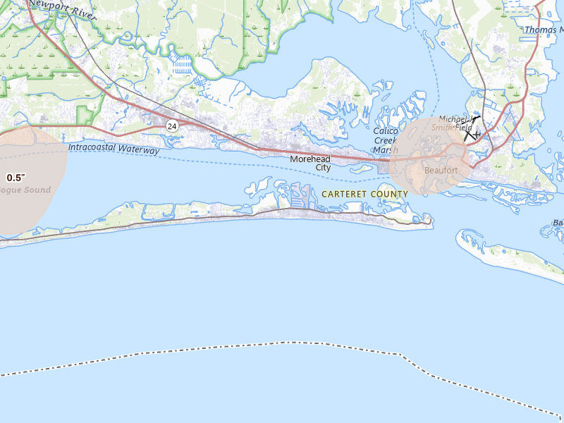Radar-estimated hail-size map of the storm over Atlantic Beach, NC on Jul 28, 2026