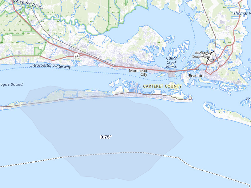 NEXRAD radar-signature map of the hail over Atlantic Beach, NC