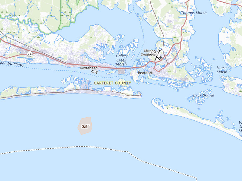 Radar-estimated hail-size map of the storm over Atlantic Beach, NC on Aug 21, 2026
