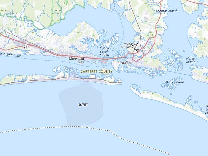 NEXRAD radar-signature map of the hail storm over Atlantic Beach, NC on Aug 21, 2026