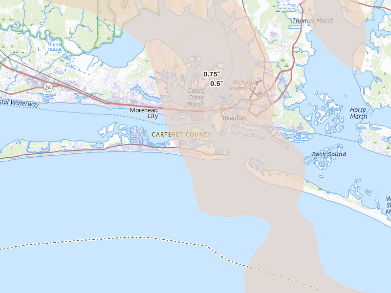 Radar-estimated hail-size map of the storm over Atlantic Beach, NC