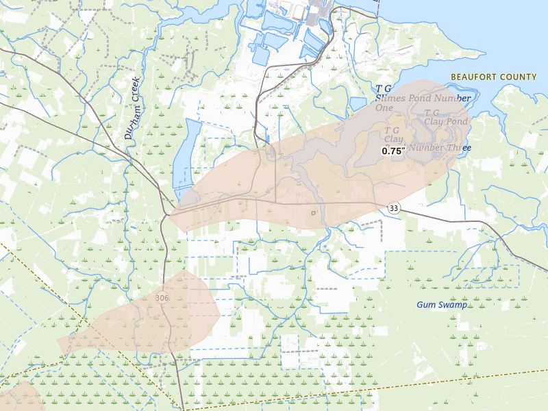 Radar-estimated hail-size map of the storm over Aurora, NC on Jun 14, 2026