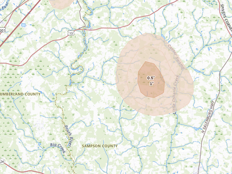 Radar-estimated hail-size map of the storm over Autryville, NC on Jul 7, 2026