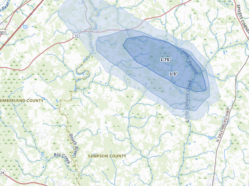 NEXRAD radar-signature map of the hail over Autryville, NC