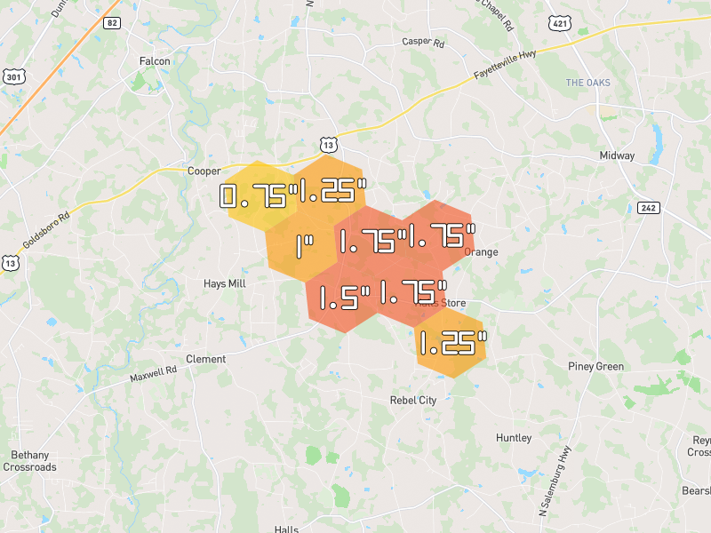 Hail map of Autryville, NC on Jul 7, 2026, hail up to 1.75"