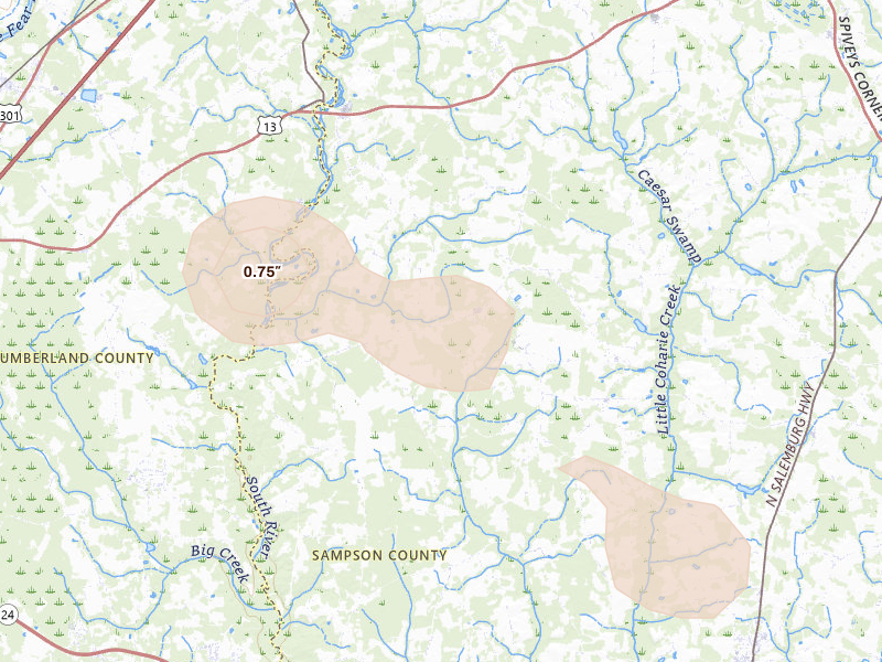 Radar-estimated hail-size map of the storm over Autryville, NC on Aug 20, 2026