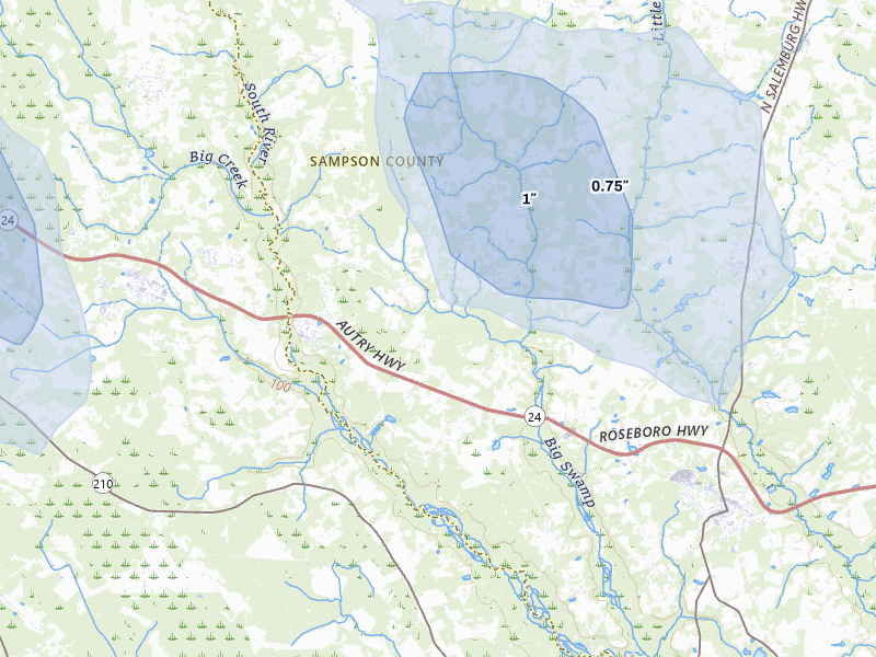 NEXRAD radar-signature map of the hail storm over Autryville, NC on Aug 20, 2026
