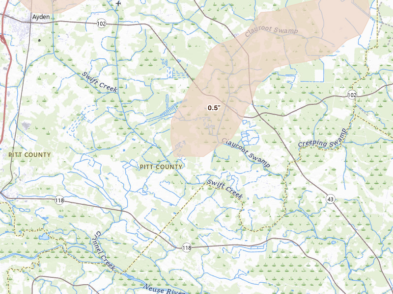 Radar-estimated hail-size map of the storm over Ayden, NC on Jun 26, 2026