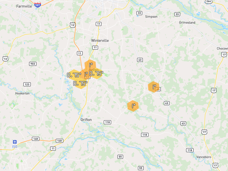Hail map of Ayden, NC on Jun 26, 2026, hail up to 1"