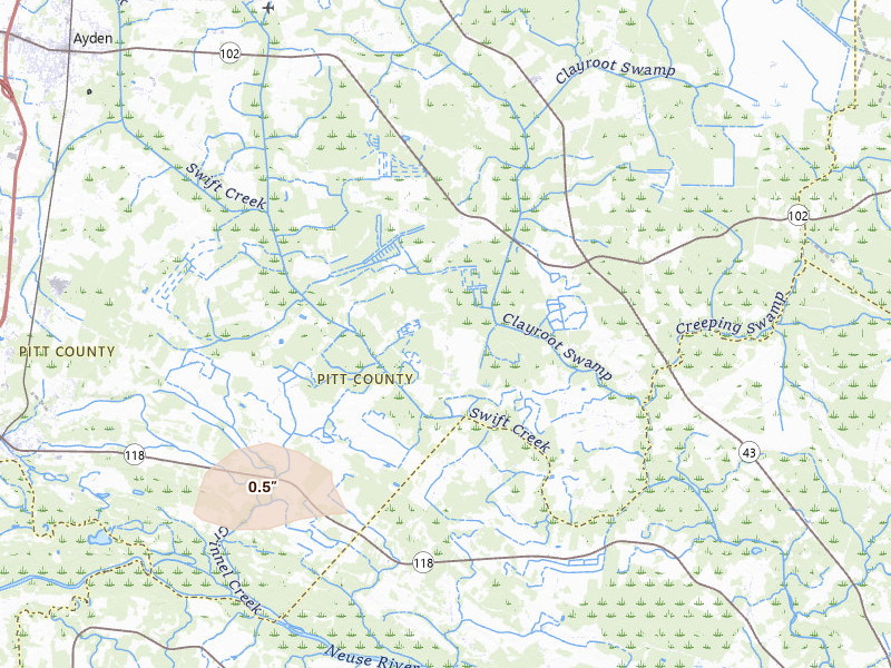 Radar-estimated hail-size map of the storm over Ayden, NC on Jul 19, 2026