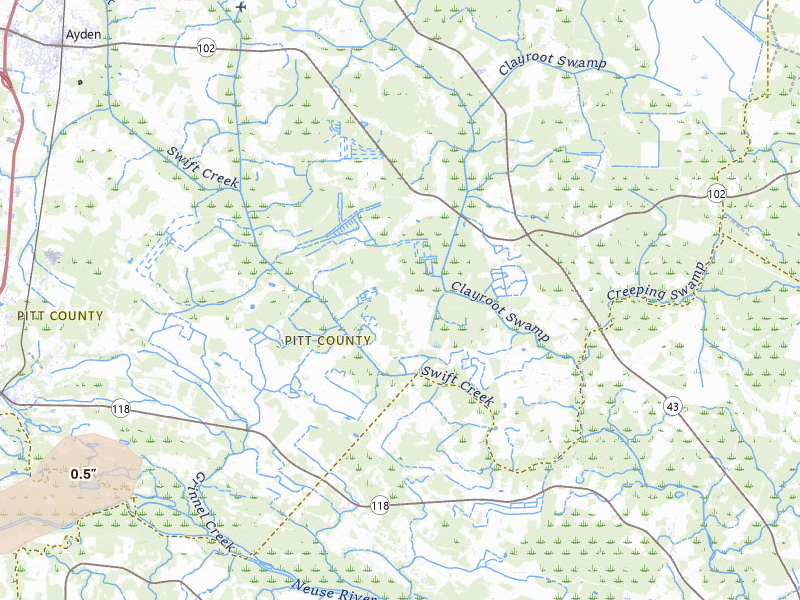 Radar-estimated hail-size map of the storm over Ayden, NC on Jul 21, 2026