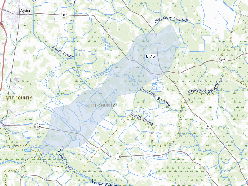 NEXRAD radar-signature map of the hail over Ayden, NC