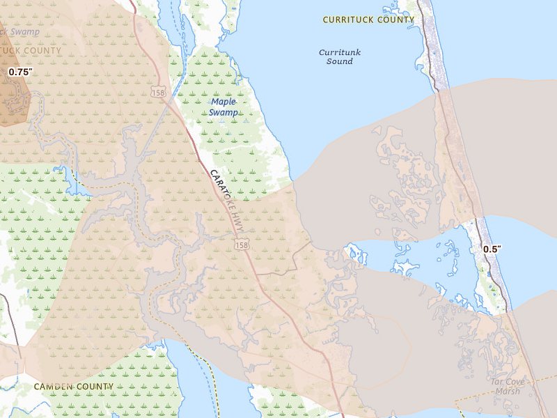 Radar-estimated hail-size map of the storm over Aydlett, NC on Jul 19, 2026