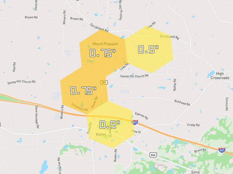 Hail map of Bailey, NC on Jun 28, 2026, hail up to 0.75"