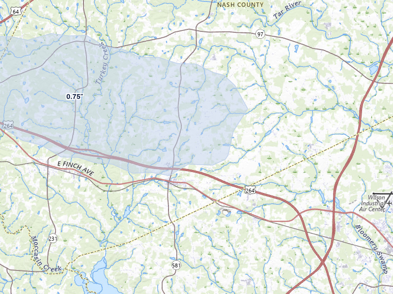 NEXRAD radar-signature map of the hail storm over Bailey, NC on Jul 28, 2026