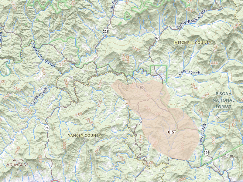 Radar-estimated hail-size map of the storm over Bakersville, NC on Jul 28, 2026