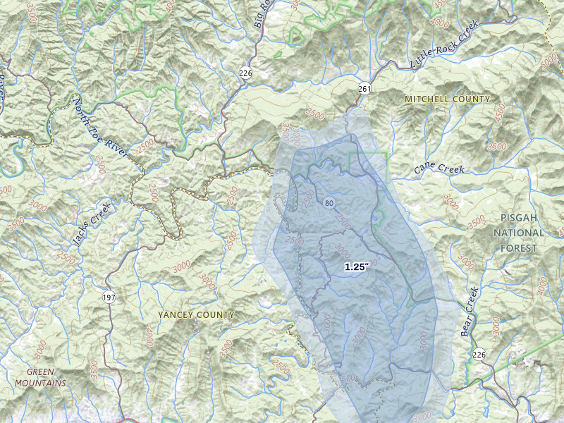NEXRAD radar-signature map of the hail over Bakersville, NC