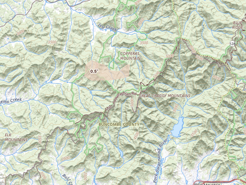 Radar-estimated hail-size map of the storm over Barnardsville, NC on Jul 1, 2026