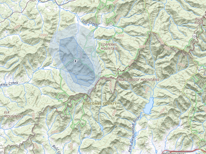 NEXRAD radar-signature map of the hail storm over Barnardsville, NC on Jul 1, 2026