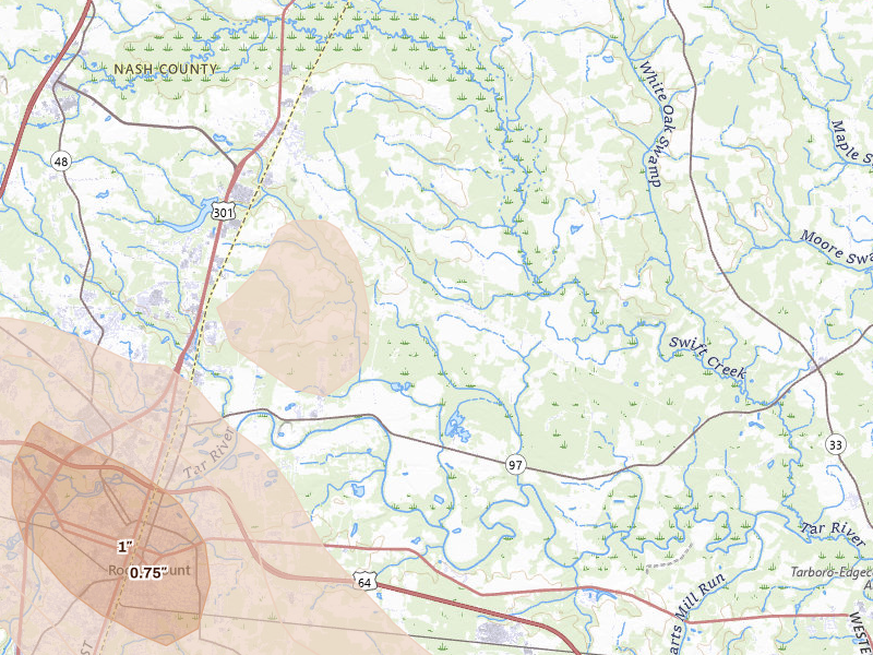 Radar-estimated hail-size map of the storm over Battleboro, NC on Jun 11, 2026
