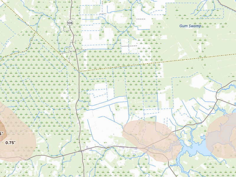 Radar-estimated hail-size map of the storm over Bayboro, NC on Jul 8, 2026