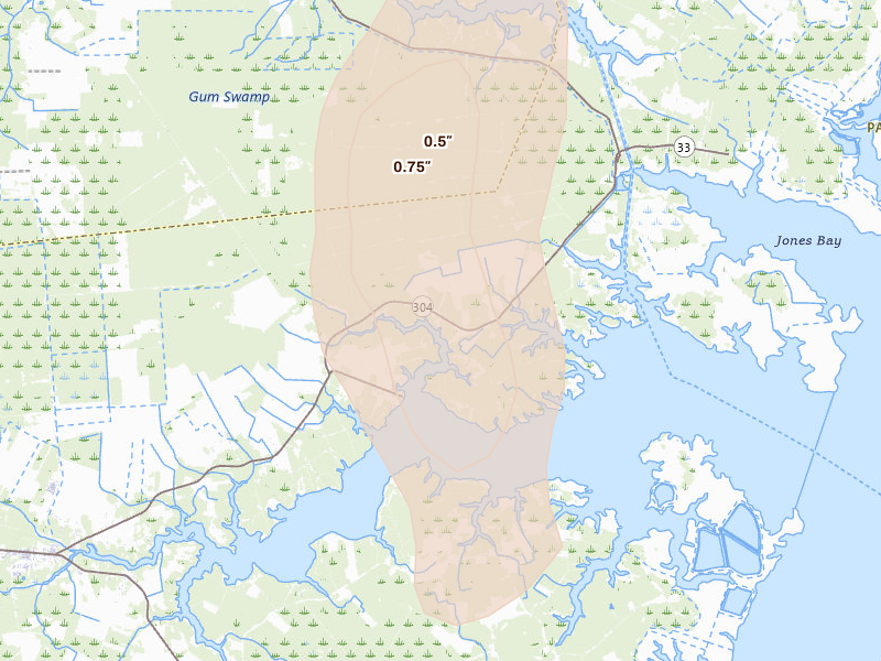 Radar-estimated hail-size map of the storm over Bayboro, NC on Aug 21, 2026