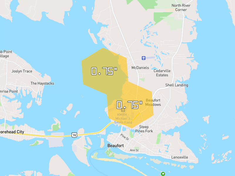 Hail map of Beaufort, NC on Jul 8, 2026, hail up to 0.75"