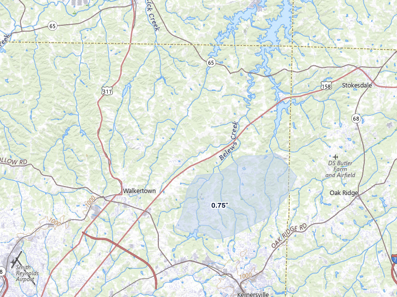 NEXRAD radar-signature map of the hail storm over Belews Creek, NC on Jul 5, 2026