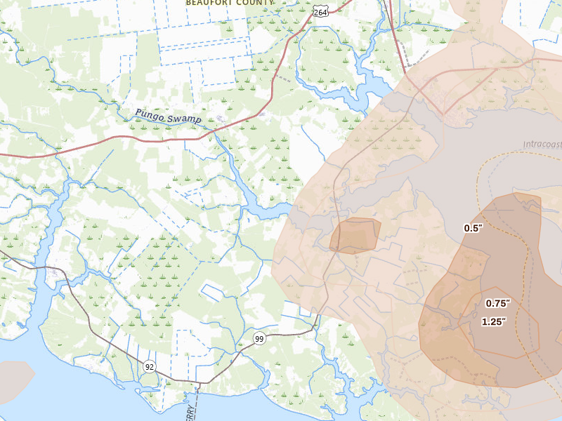 Radar-estimated hail-size map of the storm over Belhaven, NC on Jun 14, 2026
