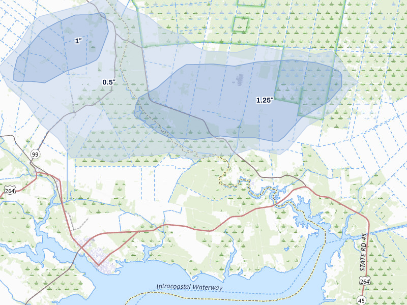 NEXRAD radar-signature map of the hail storm over Belhaven, NC on Jul 6, 2026