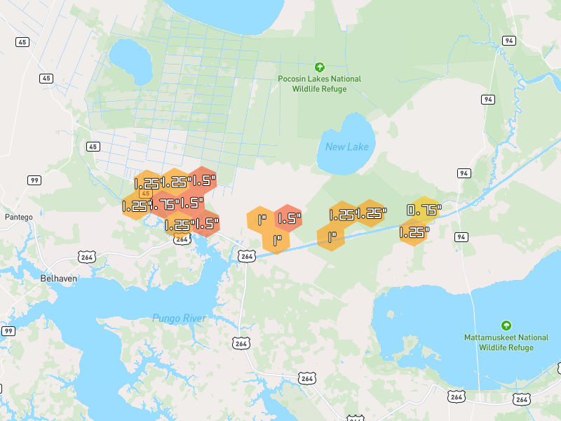 Hail map of Belhaven, NC on Jul 7, 2026, hail up to 1.75"