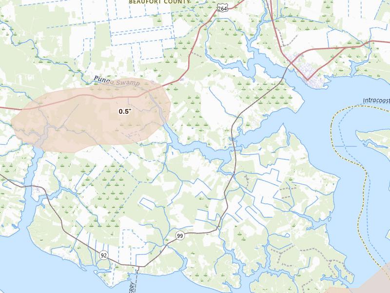 Radar-estimated hail-size map of the storm over Belhaven, NC on Jul 19, 2026