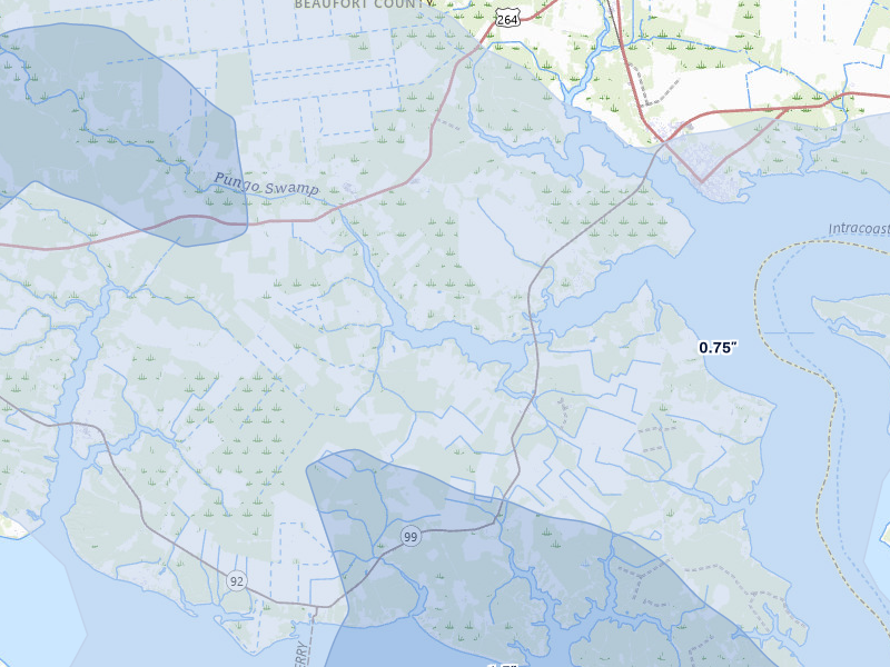 NEXRAD radar-signature map of the hail storm over Belhaven, NC on Jul 28, 2026