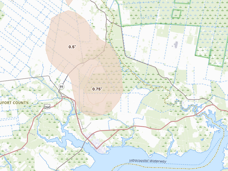 Radar-estimated hail-size map of the storm over Belhaven, NC on Aug 20, 2026