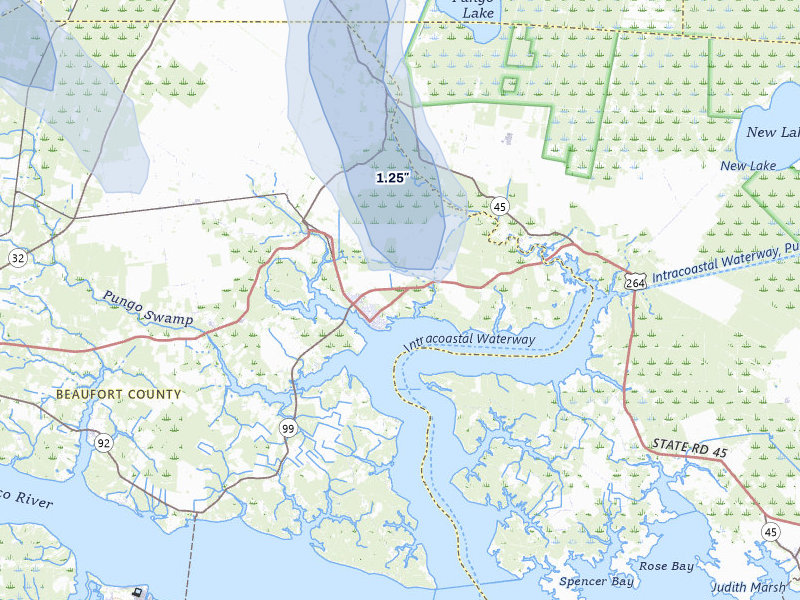 NEXRAD radar-signature map of the hail storm over Belhaven, NC on Aug 20, 2026
