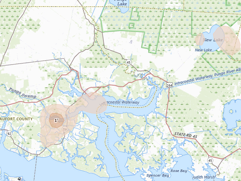 Radar-estimated hail-size map of the storm over Belhaven, NC on Sep 2, 2026