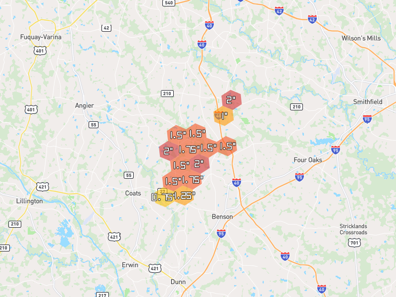 Hail map of Benson, NC on Jul 8, 2026, hail up to 2"