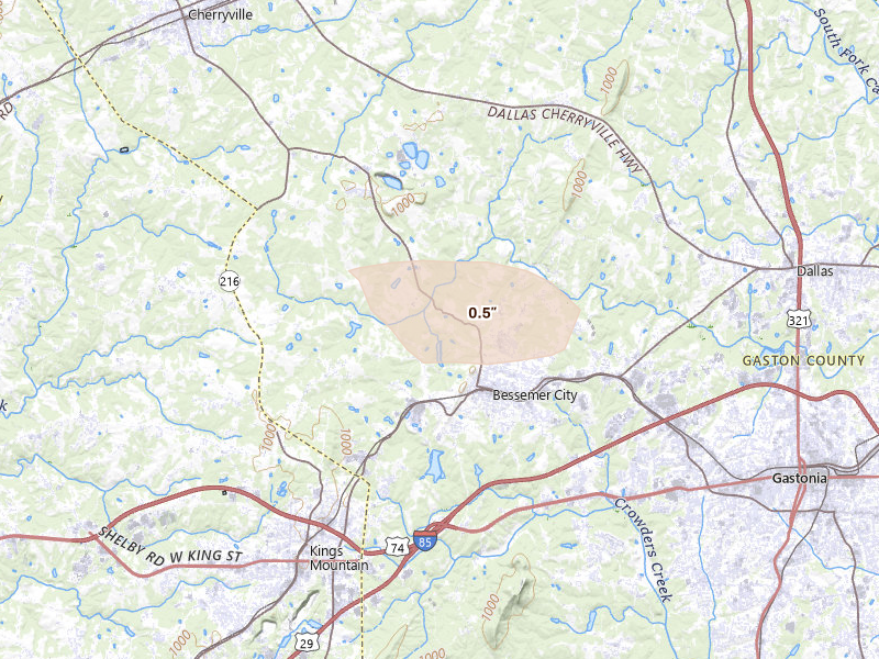 Radar-estimated hail-size map of the storm over Bessemer City, NC on May 27, 2026